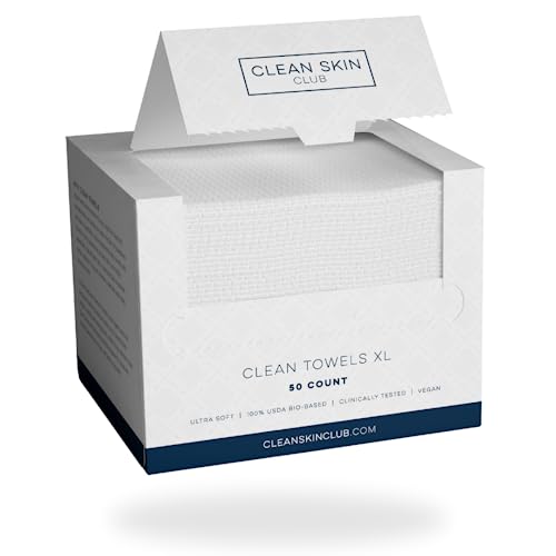 Clean Skin Club Clean Towels XL, Dermatologist Approved, 100% USDA Biobased Face Towel, Disposable Clinically Tested Face Towelette, Makeup Remover Dry Wipes, Ultra Soft, 50 Ct, 1 Pack