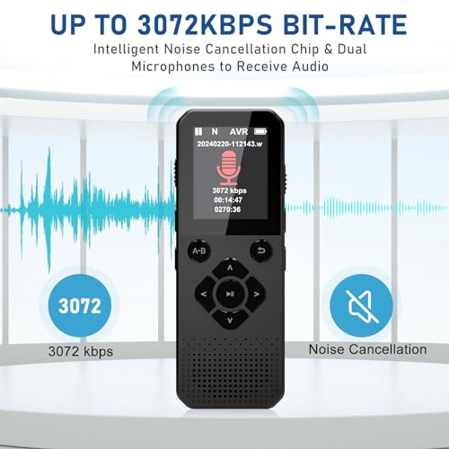 64GB Digital Voice Recorder with Bluetooth, Voice Activated, Audio Reorder for Interview Meetings Lecture, Up to 3072kbps Bit Rate and Call Recording Capability