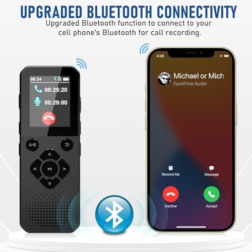 64GB Digital Voice Recorder with Bluetooth, Voice Activated, Audio Reorder for Interview Meetings Lecture, Up to 3072kbps Bit Rate and Call Recording Capability