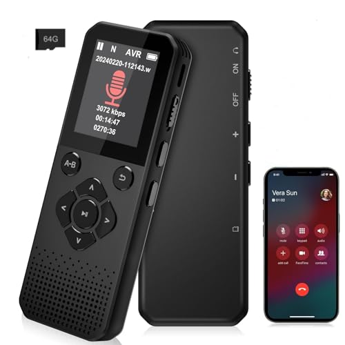 64GB Digital Voice Recorder with Bluetooth, Voice Activated, Audio Reorder for Interview Meetings Lecture, Up to 3072kbps Bit Rate and Call Recording Capability