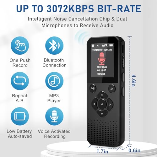 64GB Digital Voice Recorder with Bluetooth, Voice Activated, Audio Reorder for Interview Meetings Lecture, Up to 3072kbps Bit Rate and Call Recording Capability