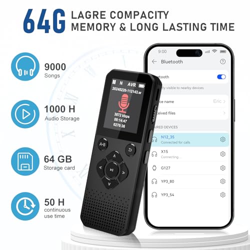 64GB Digital Voice Recorder with Bluetooth, Voice Activated, Audio Reorder for Interview Meetings Lecture, Up to 3072kbps Bit Rate and Call Recording Capability