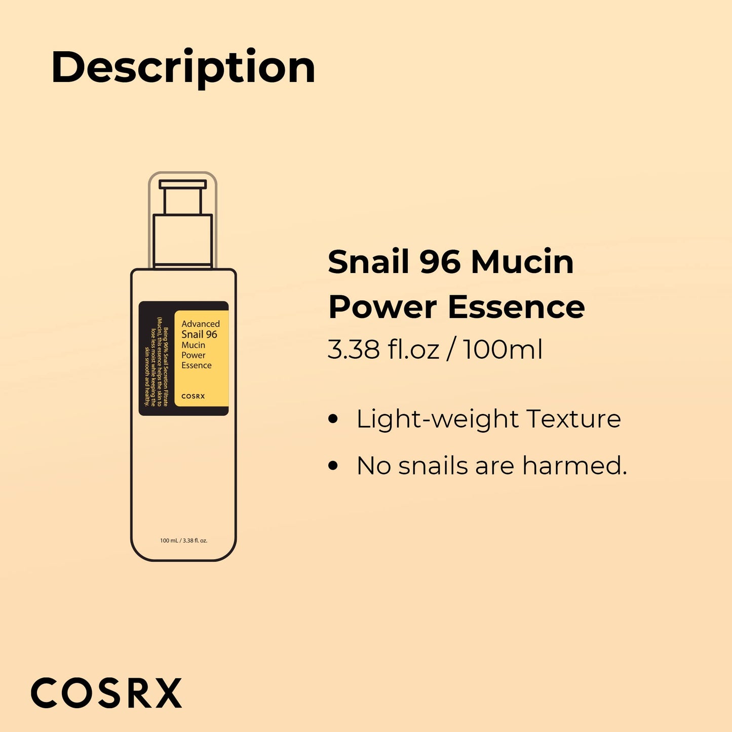 COSRX Snail Mucin 96% Power Repairing Essence 3.38 fl.oz 100ml, Hydrating Serum for Face with Snail Secretion Filtrate for Dull Skin & Fine Lines, Korean Skincare