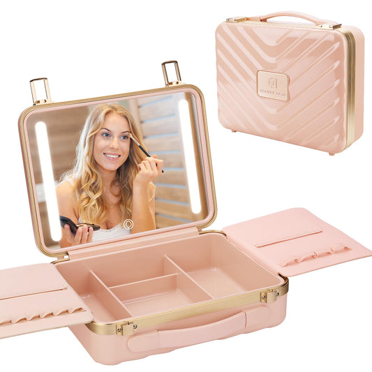 Kalolary Travel Makeup Train Cases with Lighted Mirror 3 Color Setting, Makeup Bag Cosmetic Case Organizer Adjustable Brightness Portable Makeup Storage Box For Makeup Brushes Accessories Tools,Pink