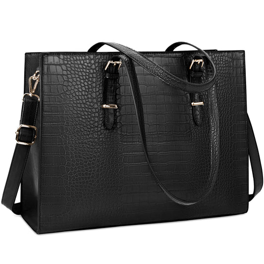 Laptop Bag for Women 15.6 inch Laptop Tote Bag Leather Computer Briefcase for Work Waterproof Handbag Shoulder Bag Women Business Office Bag Black