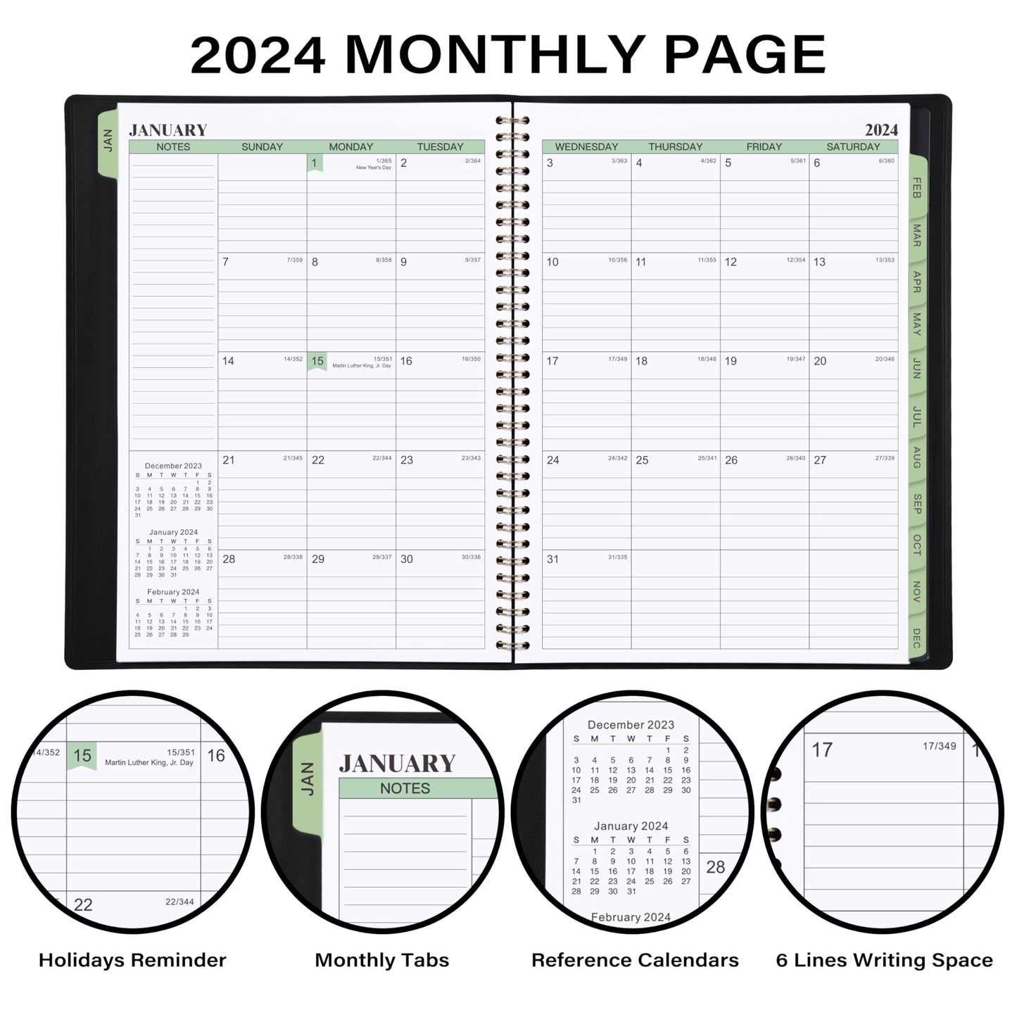 2024 Planner Spiral Bound - 3-Tier Down Weekly & Monthly Planner Notepad, 11.49'' x 8.66'', JAN 2024 - DEC 2024, 2024 Appointment Book with 60 Minutes Intervals, Monthly Tabs, Faux Soft Leather