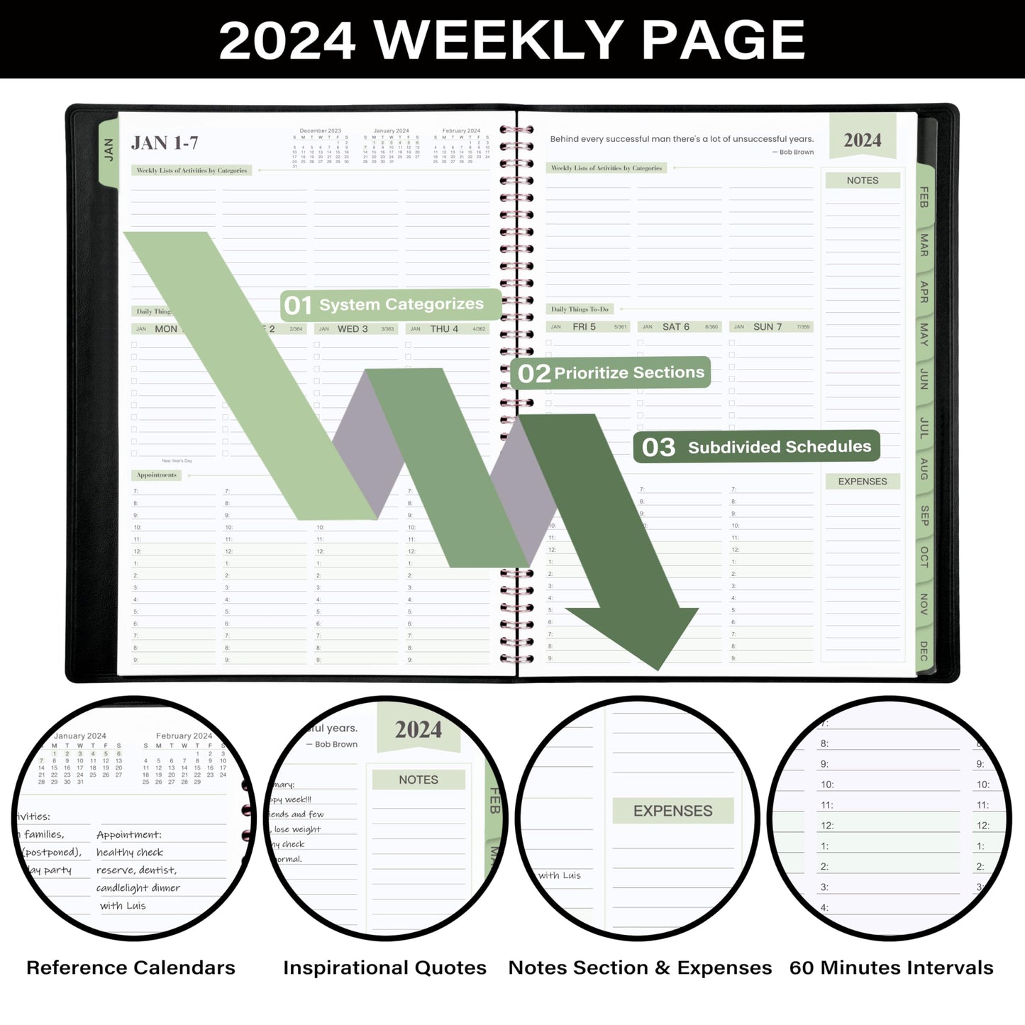 2024 Planner Spiral Bound - 3-Tier Down Weekly & Monthly Planner Notepad, 11.49'' x 8.66'', JAN 2024 - DEC 2024, 2024 Appointment Book with 60 Minutes Intervals, Monthly Tabs, Faux Soft Leather