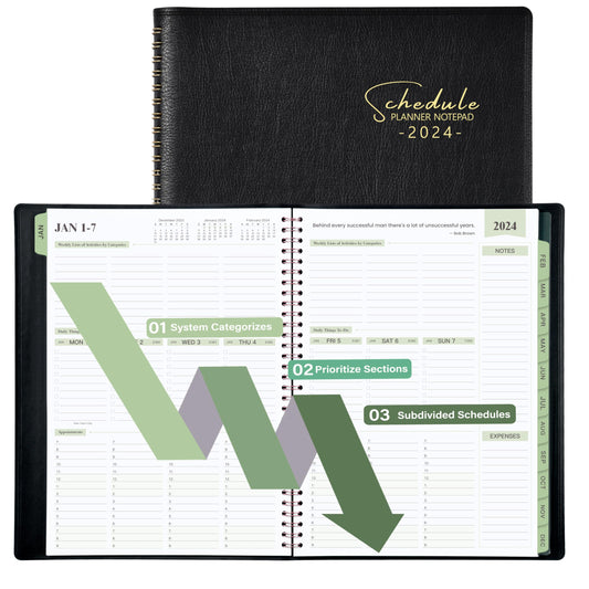 2024 Planner Spiral Bound - 3-Tier Down Weekly & Monthly Planner Notepad, 11.49'' x 8.66'', JAN 2024 - DEC 2024, 2024 Appointment Book with 60 Minutes Intervals, Monthly Tabs, Faux Soft Leather